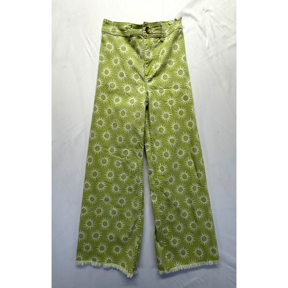 Billabong Free Fall Jeans Women 25 Green Sun Print High Rise Frayed Hem Wide Leg